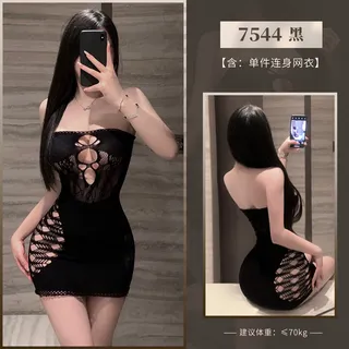霏慕黑色露胸连身网衣套装图片 6